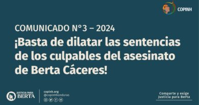 Comunicado: ¡Basta de dilatar las sentencias de los culpables del asesinato de Berta Cáceres!
