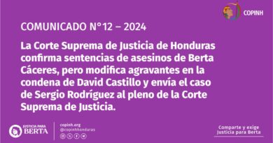 COMUNICADO N°12 2024: La Corte Suprema de Justicia de Honduras confirma sentencias de asesinos de Berta Cáceres, pero modifica agravantes en la condena de David Castillo y envía el caso de Sergio Rodríguez al pleno de la Corte Suprema de Justicia.